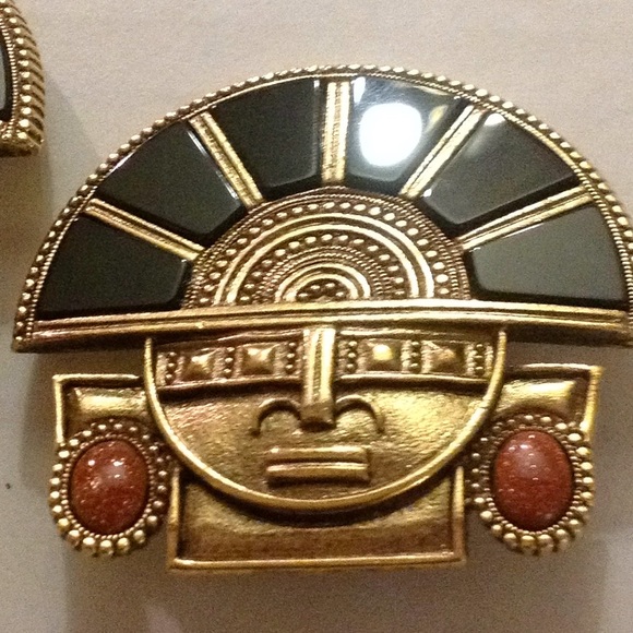 OOAK Retro XL Mayan Aztec Tribal Onyx Coral Stone Clip Earrings - Picture 1 of 8